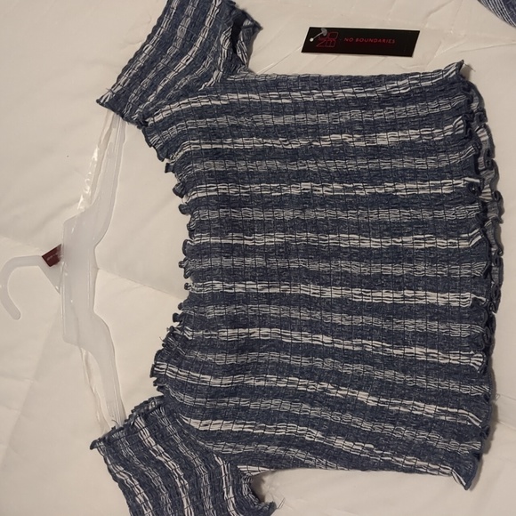 2 piece set off the shoulder top and pant. Navy denim color and white striped. - Picture 2 of 7